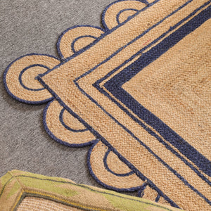 Handwoven Natural Jute Area Rug with Navy Blue Scalloped Border | Eco-Friendly Living Room Carpet