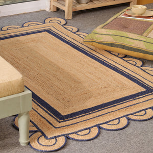 Handwoven Natural Jute Area Rug with Navy Blue Scalloped Border | Eco-Friendly Living Room Carpet