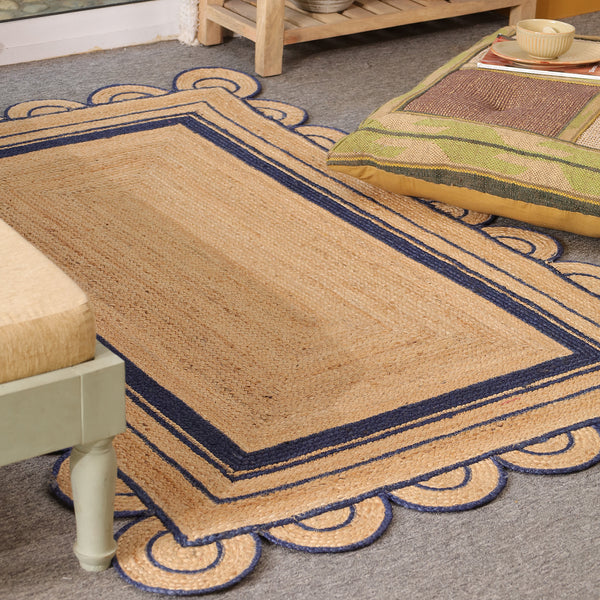 Handwoven Natural Jute Area Rug with Navy Blue Scalloped Border | Eco-Friendly Living Room Carpet