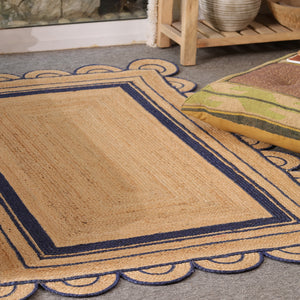 Handwoven Natural Jute Area Rug with Navy Blue Scalloped Border | Eco-Friendly Living Room Carpet