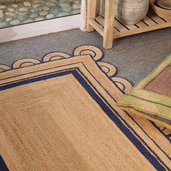 Handwoven Natural Jute Area Rug with Navy Blue Scalloped Border | Eco-Friendly Living Room Carpet