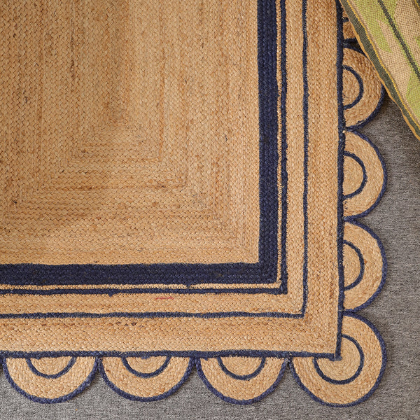 Handwoven Natural Jute Area Rug with Navy Blue Scalloped Border | Eco-Friendly Living Room Carpet