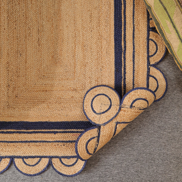Handwoven Natural Jute Area Rug with Navy Blue Scalloped Border | Eco-Friendly Living Room Carpet