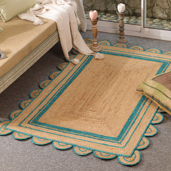 Handwoven Natural Jute Area Rug with Teal Scalloped Border | Eco-Friendly Handmade Rug
