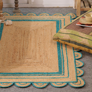 Handwoven Natural Jute Area Rug with Teal Scalloped Border | Eco-Friendly Handmade Rug