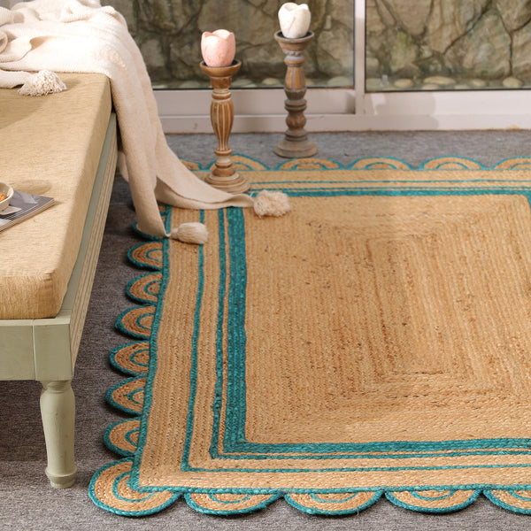 Handwoven Natural Jute Area Rug with Teal Scalloped Border | Eco-Friendly Handmade Rug