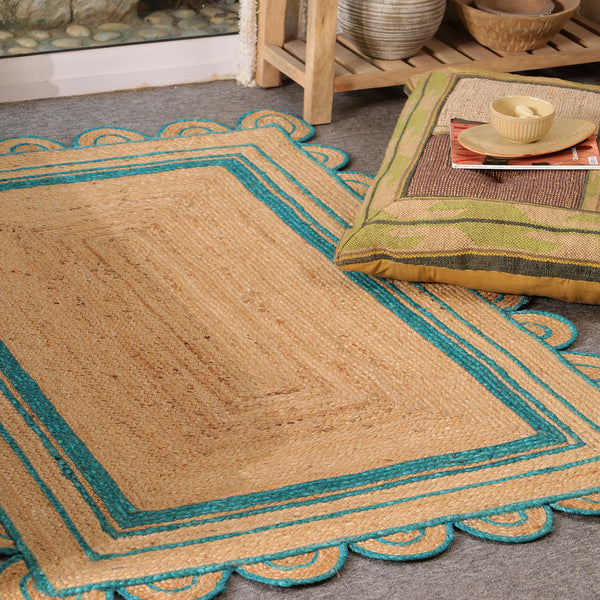 Handwoven Natural Jute Area Rug with Teal Scalloped Border | Eco-Friendly Handmade Rug