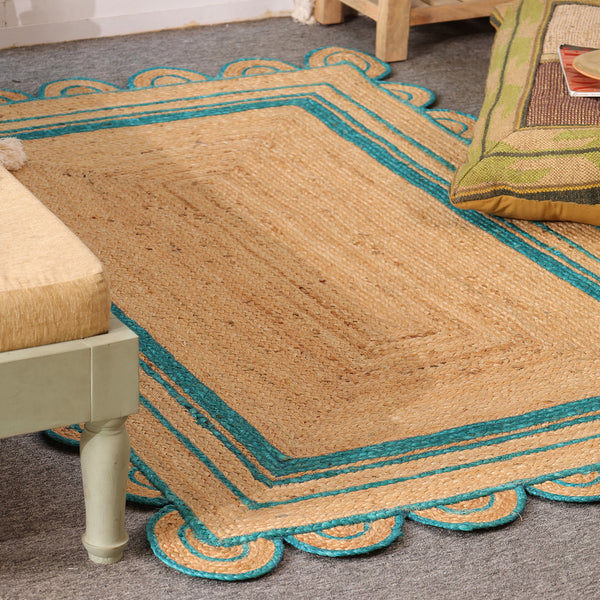 Handwoven Natural Jute Area Rug with Teal Scalloped Border | Eco-Friendly Handmade Rug
