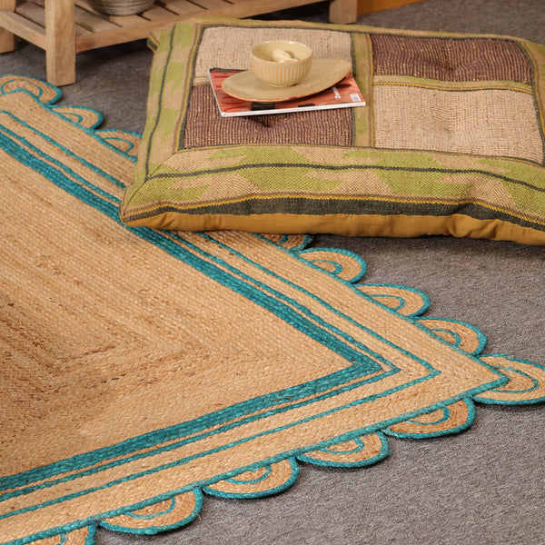 Handwoven Natural Jute Area Rug with Teal Scalloped Border | Eco-Friendly Handmade Rug