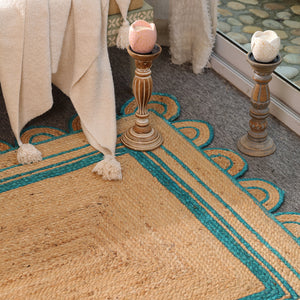 Handwoven Natural Jute Area Rug with Teal Scalloped Border | Eco-Friendly Handmade Rug