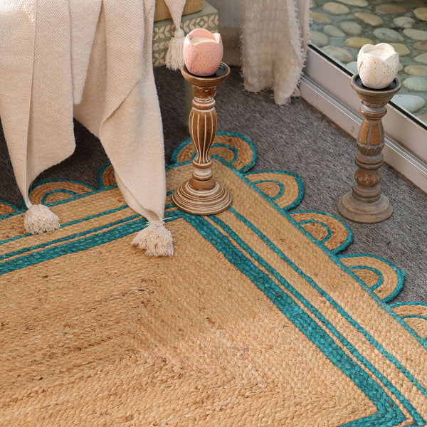Handwoven Natural Jute Area Rug with Teal Scalloped Border | Eco-Friendly Handmade Rug