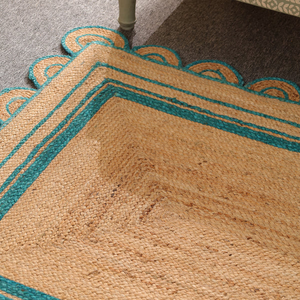 Handwoven Natural Jute Area Rug with Teal Scalloped Border | Eco-Friendly Handmade Rug
