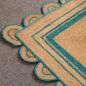 Handwoven Natural Jute Area Rug with Teal Scalloped Border | Eco-Friendly Handmade Rug