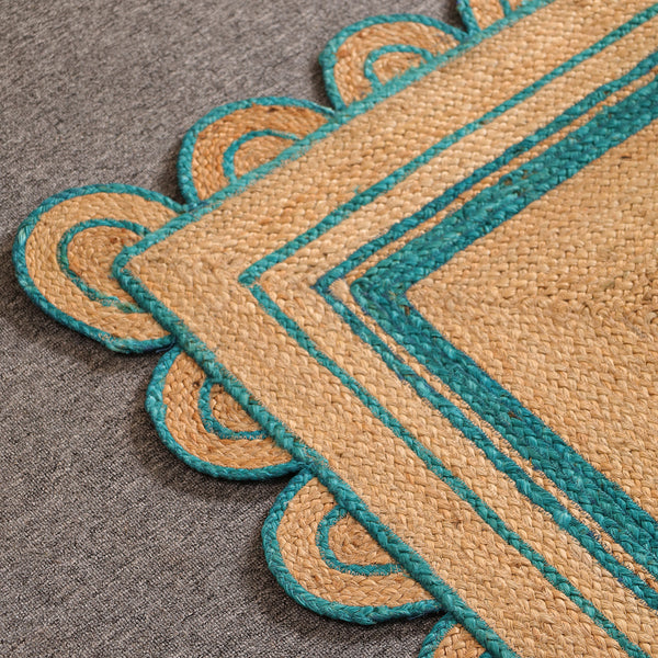 Handwoven Natural Jute Area Rug with Teal Scalloped Border | Eco-Friendly Handmade Rug