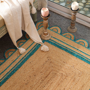 Handwoven Natural Jute Area Rug with Teal Scalloped Border | Eco-Friendly Handmade Rug