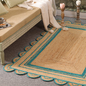 Handwoven Natural Jute Area Rug with Teal Scalloped Border | Eco-Friendly Handmade Rug