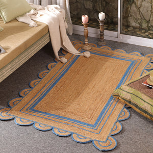 Handwoven Scalloped Natural Jute Rug with Border for Living Room