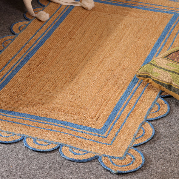 Handwoven Natural Jute Area Rug with Sky Blue Scalloped Border | Eco-Friendly Handmade Rug