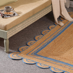 Handwoven Natural Jute Area Rug with Sky Blue Scalloped Border | Eco-Friendly Handmade Rug