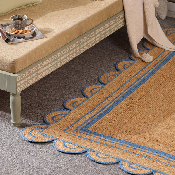Handwoven Natural Jute Area Rug with Sky Blue Scalloped Border | Eco-Friendly Handmade Rug