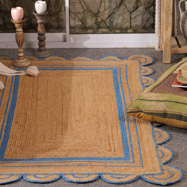 Handwoven Natural Jute Area Rug with Sky Blue Scalloped Border | Eco-Friendly Handmade Rug