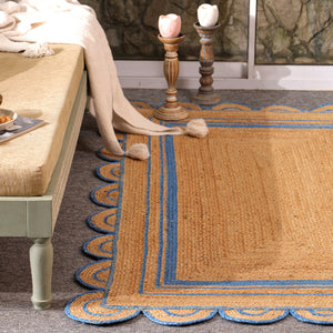 Handwoven Natural Jute Area Rug with Sky Blue Scalloped Border | Eco-Friendly Handmade Rug