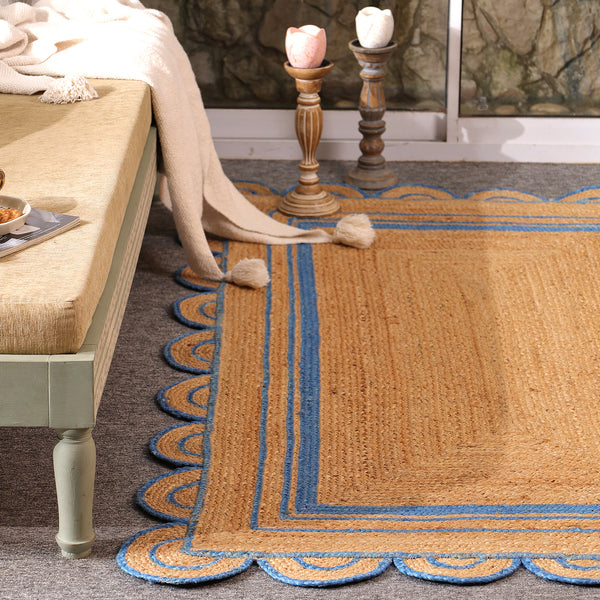 Handwoven Natural Jute Area Rug with Sky Blue Scalloped Border | Eco-Friendly Handmade Rug