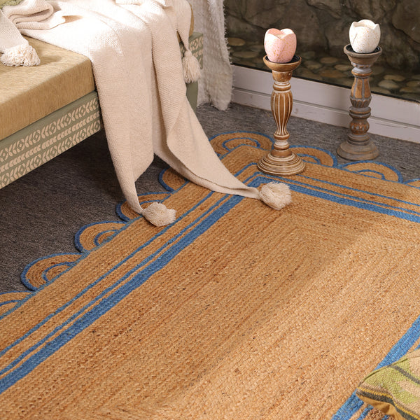 Handwoven Natural Jute Area Rug with Sky Blue Scalloped Border | Eco-Friendly Handmade Rug