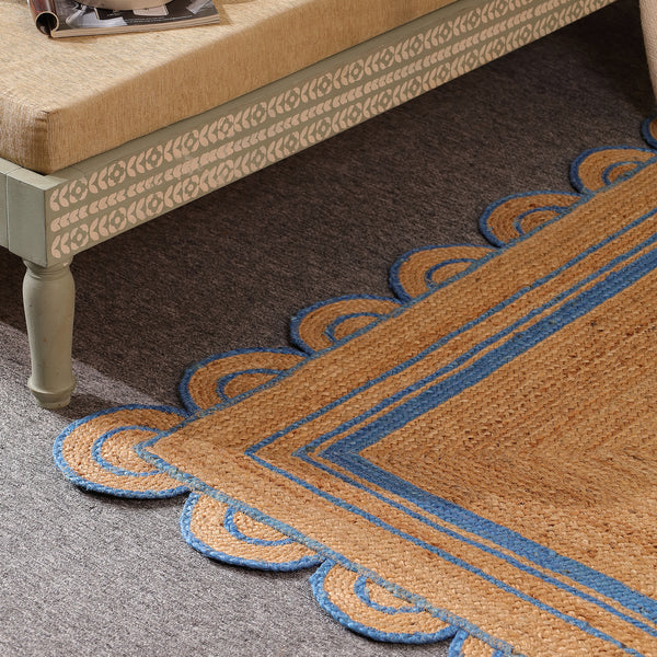 Handwoven Natural Jute Area Rug with Sky Blue Scalloped Border | Eco-Friendly Handmade Rug