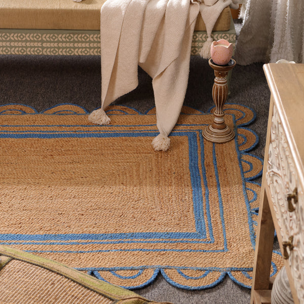 Handwoven Natural Jute Area Rug with Sky Blue Scalloped Border | Eco-Friendly Handmade Rug