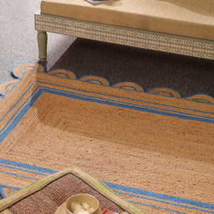 Handwoven Natural Jute Area Rug with Sky Blue Scalloped Border | Eco-Friendly Handmade Rug