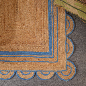 Handwoven Natural Jute Area Rug with Sky Blue Scalloped Border | Eco-Friendly Handmade Rug