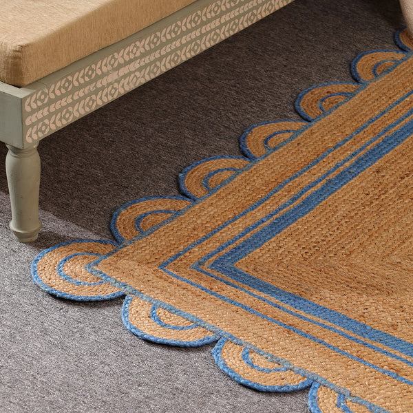 Handwoven Natural Jute Area Rug with Sky Blue Scalloped Border | Eco-Friendly Handmade Rug