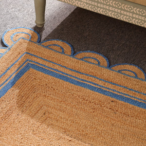 Handwoven Natural Jute Area Rug with Sky Blue Scalloped Border | Eco-Friendly Handmade Rug