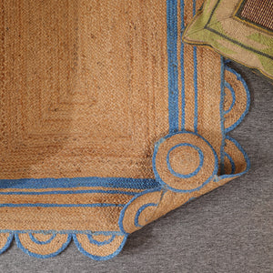 Handwoven Natural Jute Area Rug with Sky Blue Scalloped Border | Eco-Friendly Handmade Rug
