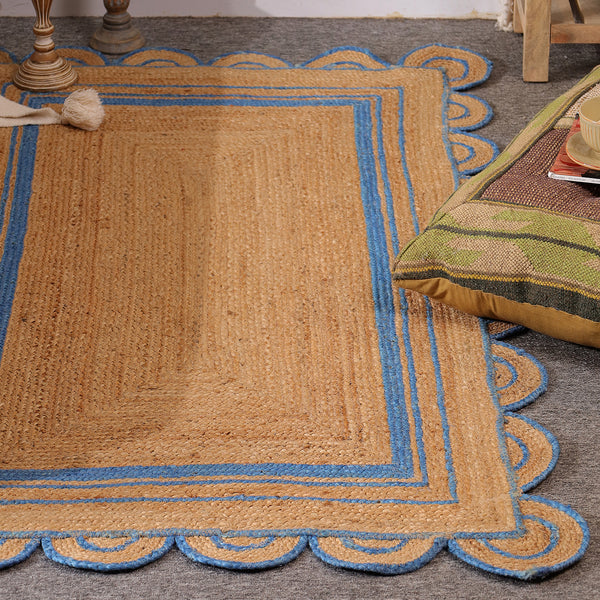 Handwoven Natural Jute Area Rug with Sky Blue Scalloped Border | Eco-Friendly Handmade Rug