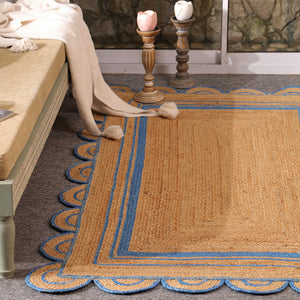 Handwoven Natural Jute Area Rug with Sky Blue Scalloped Border | Eco-Friendly Handmade Rug