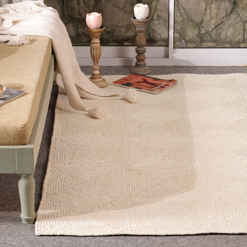 Handwoven Natural Ivory Wool & Jute Area Rug | Textured Modern Handmade Carpet | Eco-Friendly Living Room Rug