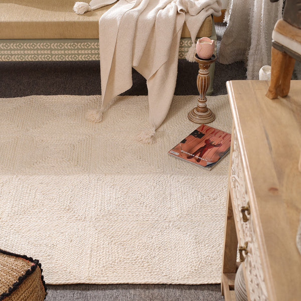 Handwoven Natural Ivory Wool & Jute Area Rug | Textured Modern Handmade Carpet | Eco-Friendly Living Room Rug