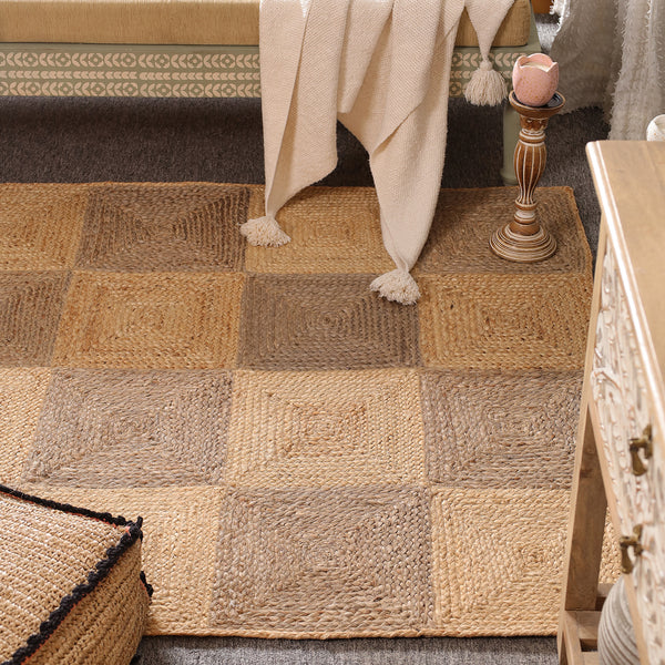 Handwoven Natural Jute Diamond Area Rug | Eco-Friendly Handmade Geometric Rug | Modern Living Room Carpet