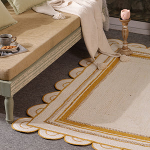 Handwoven Ivory & Mustard Border Jute Rug | Scalloped Edge Handmade Area Rug | Modern Boho Carpet