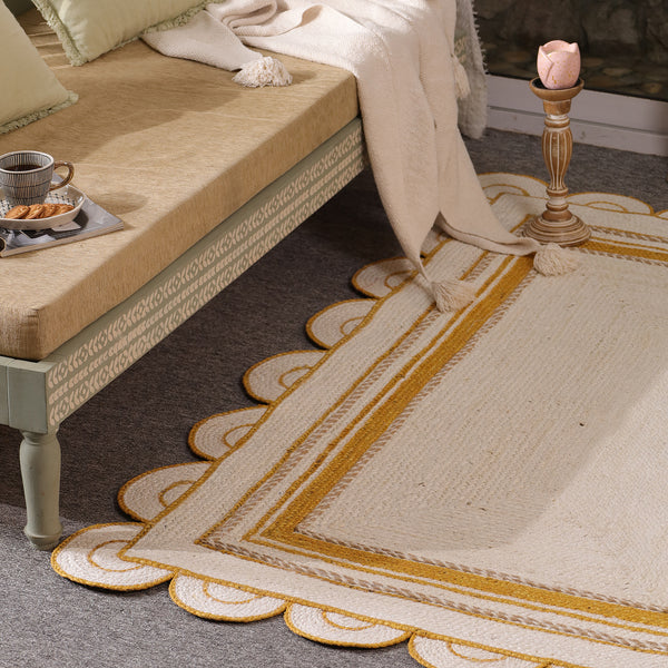 Handwoven Ivory & Mustard Border Jute Rug | Scalloped Edge Handmade Area Rug | Modern Boho Carpet