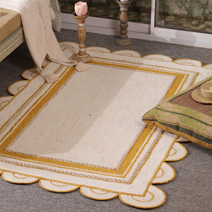 Handwoven Ivory & Mustard Border Jute Rug | Scalloped Edge Handmade Area Rug | Modern Boho Carpet
