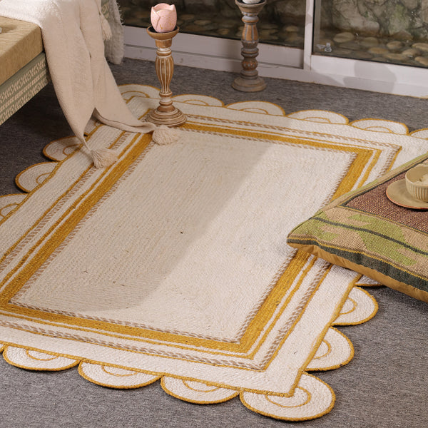 Handwoven Ivory & Mustard Border Jute Rug | Scalloped Edge Handmade Area Rug | Modern Boho Carpet