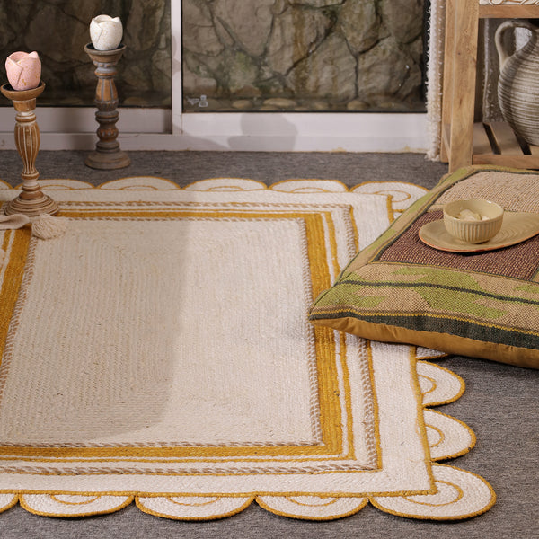 Handwoven Ivory & Mustard Border Jute Rug | Scalloped Edge Handmade Area Rug | Modern Boho Carpet