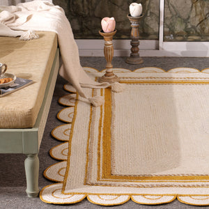 Handwoven Ivory & Mustard Border Jute Rug | Scalloped Edge Handmade Area Rug | Modern Boho Carpet