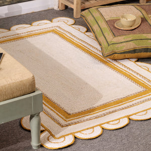 Handwoven Ivory & Mustard Border Jute Rug | Scalloped Edge Handmade Area Rug | Modern Boho Carpet
