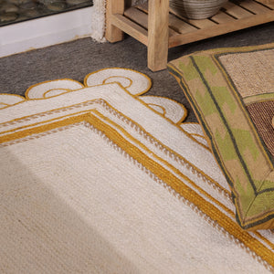 Handwoven Ivory & Mustard Border Jute Rug | Scalloped Edge Handmade Area Rug | Modern Boho Carpet