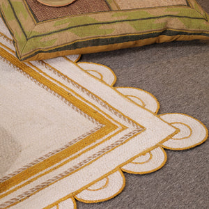 Handwoven Ivory & Mustard Border Jute Rug | Scalloped Edge Handmade Area Rug | Modern Boho Carpet