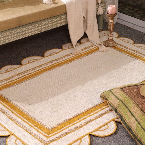 Handwoven Ivory & Mustard Border Jute Rug | Scalloped Edge Handmade Area Rug | Modern Boho Carpet